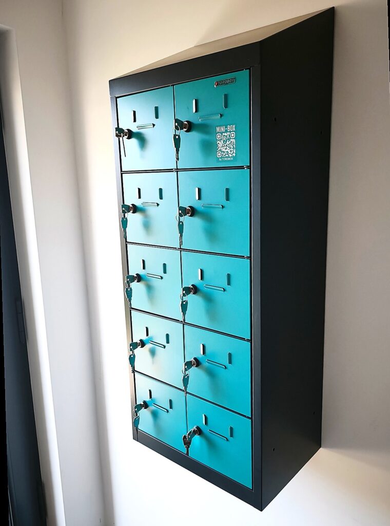 Handy-Schliessfach Mini-Box 10 von TOROBOX, Lichtgrau mit türkisblauen Türen